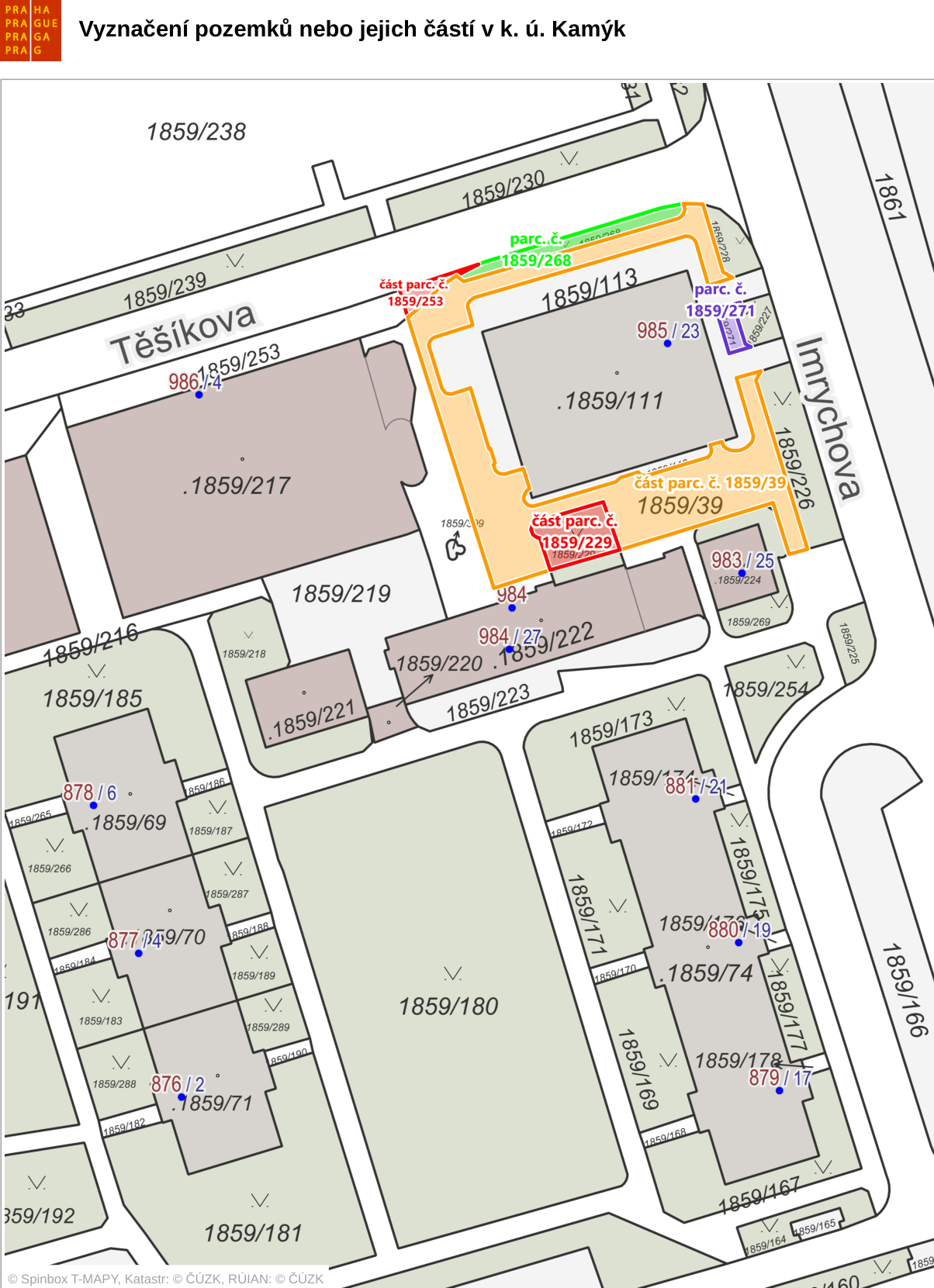 Situační mapa s vyznačením pozemků v katastrálním území (k. ú.) Kamýk. Nadpis: 'Vyznačení pozemků nebo jejich částí v k. ú. Kamýk'. Mapa obsahuje čísla parcel: 1859/238, 1859/239, 1859/253, 1859/217, 1859/216, 1859/185, 1859/69, 1859/70, 1859/71, 1859/181, 1859/180, 1859/171, 1859/169, 1859/174, 1859/175, 1859/177, 1859/178, 1859/167, 1859/166, 1859/254, 1859/173, 1859/223, 1859/222, 1859/220, 1859/221, 1859/219, 1859/218, 1859/268, 1859/113, 1859/111, 1859/271, 1859/227, 1859/226, 1859/39, 1859/229, 1859/224, 1859/269. Vyznačeny jsou ulice Těšíkova a Imrychova. Dále jsou v mapě uvedena čísla popisná/orientační: 986/4, 985/23, 984/27, 983/25, 878/6, 877/4, 876/2, 881/21, 880/19, 879/17. V mapě jsou barevně zvýrazněny plochy s popisky: 'část parc. č. 1859/253', 'parc. č. 1859/268', 'část parc. č. 1859/229', 'část parc. č. 1859/39'. Uvedena copyright poznámka: '© Spinbox T-MAPY, Katastr: © ČÚZK, RÚIAN: © ČÚZK'.