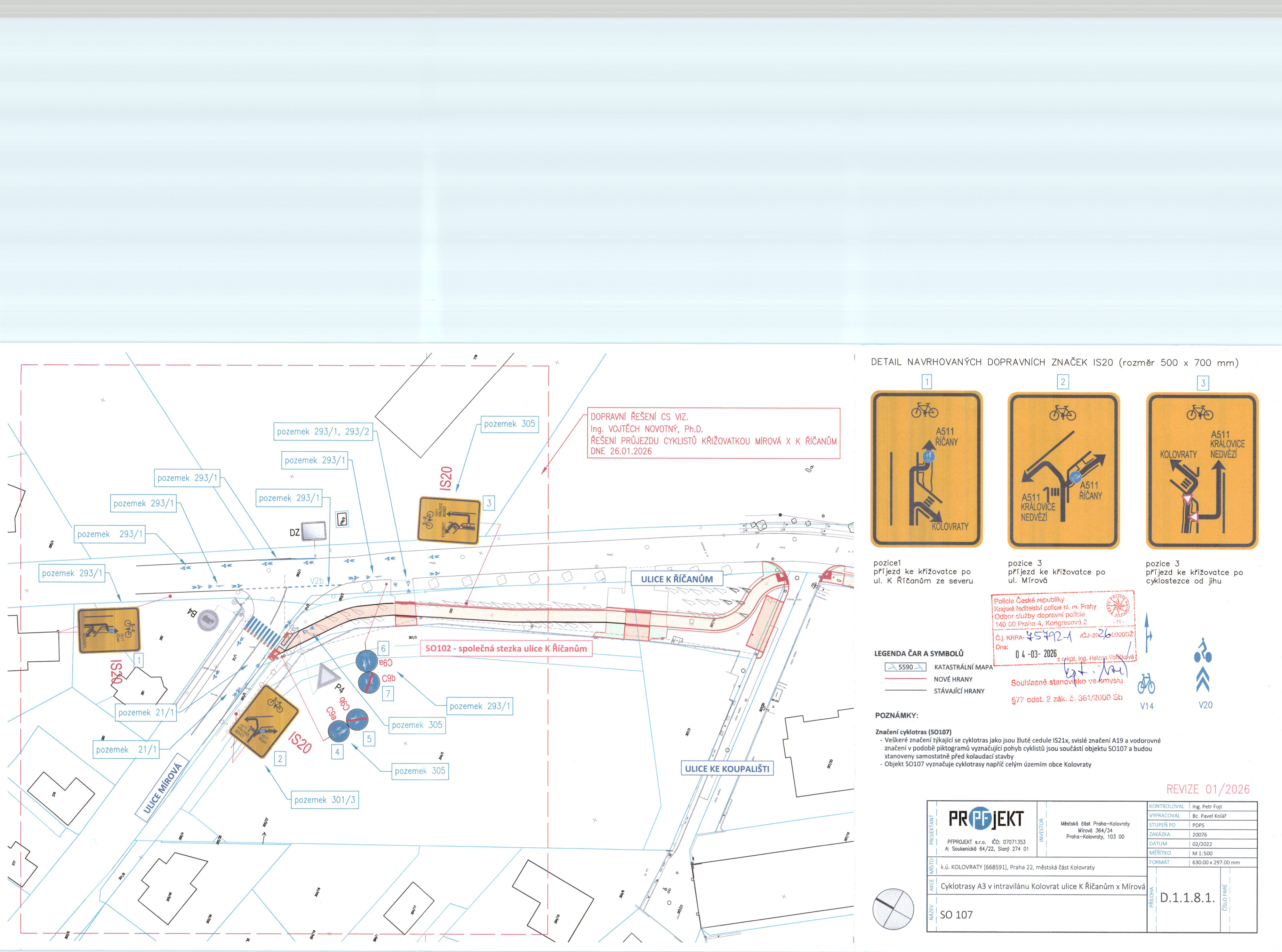 Koordinační výkres (situační plán) dopravního značení a vedení cyklostezky v obci Kolovraty.