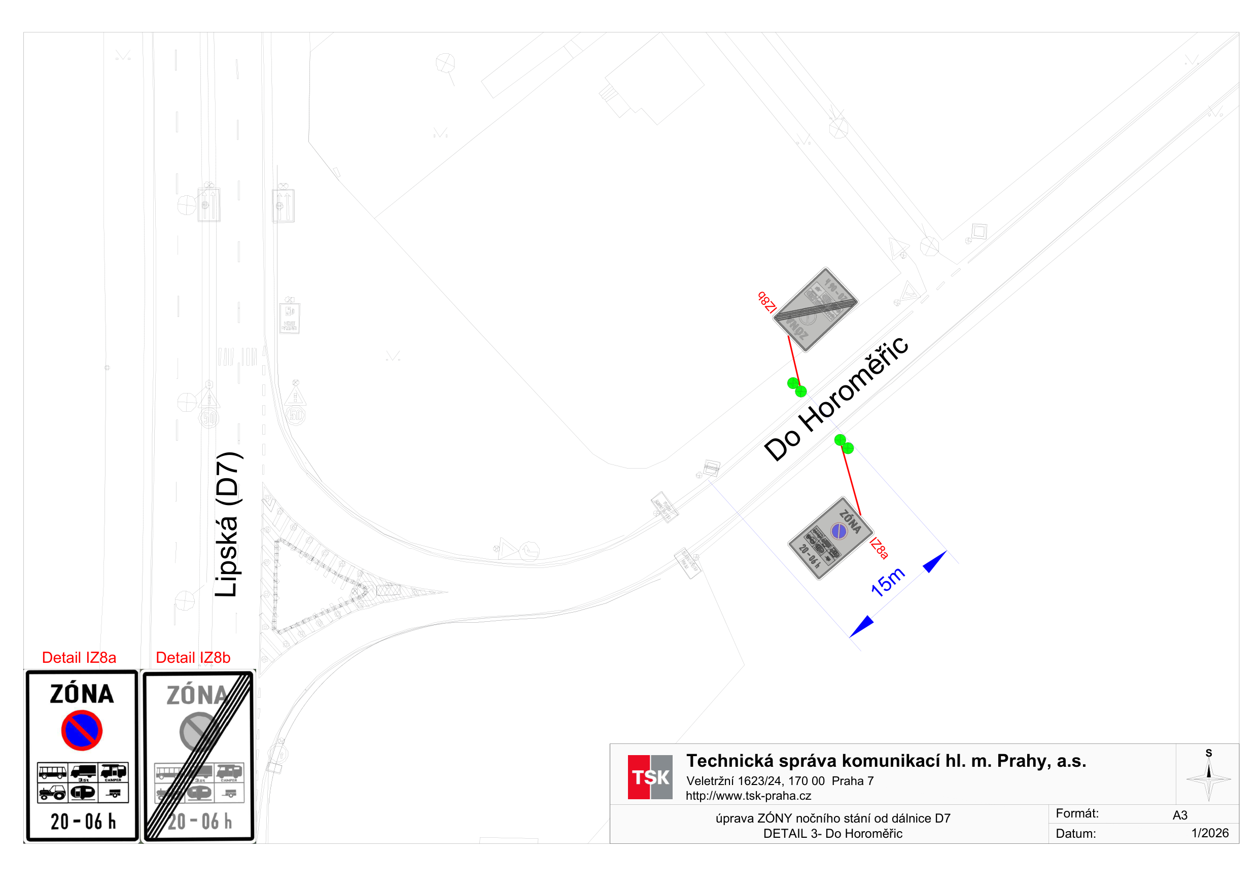 Situační nákres dopravního značení zóny zákazu nočního stání v ulici Do Horoměřic.