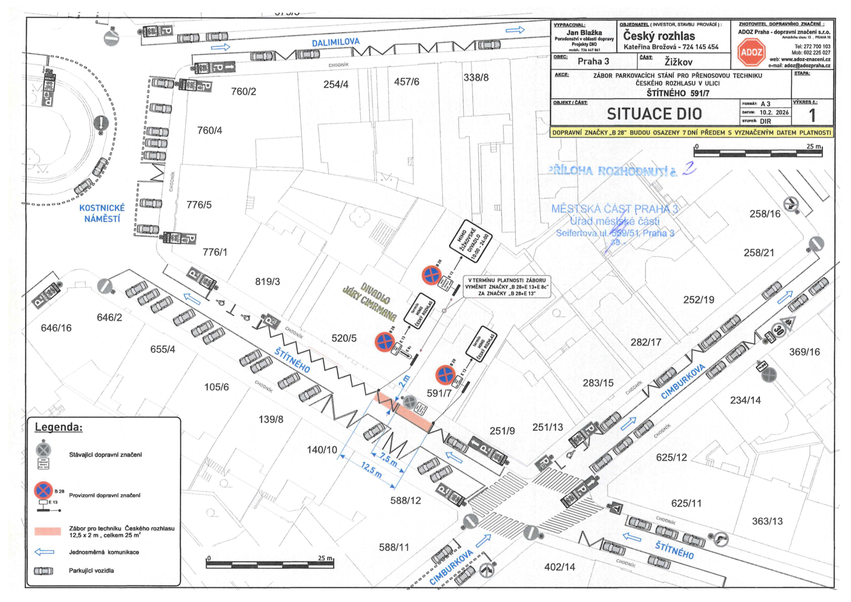Situační nákres DIO (dopravně inženýrského opatření) pro zábor parkovacích míst v ulici Štítného.