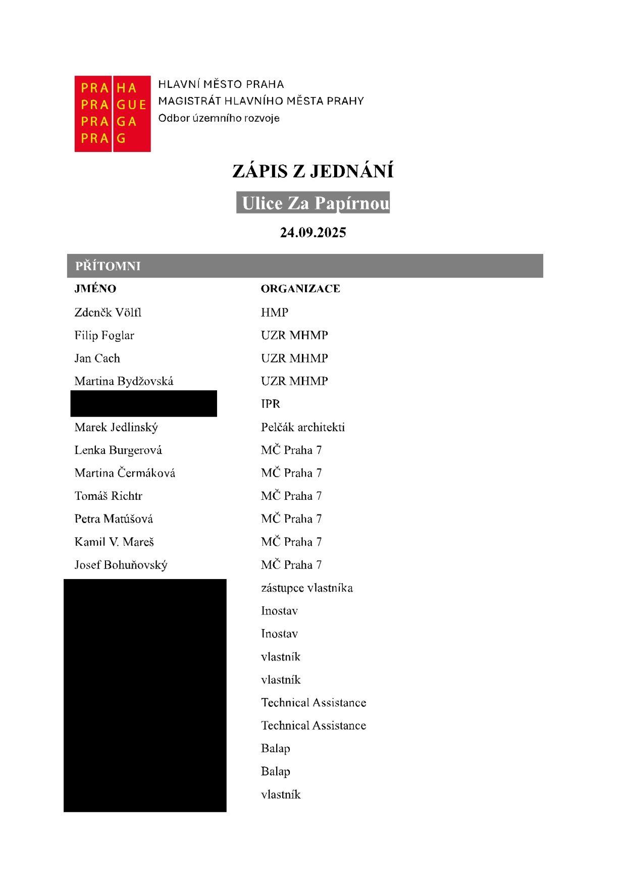 Zápis z jednání o ulici Za Papírnou, konaného dne 24.09.2025. Seznam přítomných: Zdeněk Völtl (HMP), Filip Foglar (UZR MHMP), Jan Cach (UZR MHMP), Martina Bydžovská (UZR MHMP), [jméno začerněno] (IPR), Marek Jedlinský (Pelčák architekti), Lenka Burgerová (MČ Praha 7), Martina Čermáková (MČ Praha 7), Tomáš Richtr (MČ Praha 7), Petra Matúšová (MČ Praha 7), Kamil V. Mareš (MČ Praha 7), Josef Bohuňovský (MČ Praha 7). Dále přítomni zástupci vlastníků, Inostav, vlastníci, Technical Assistance a Balap.