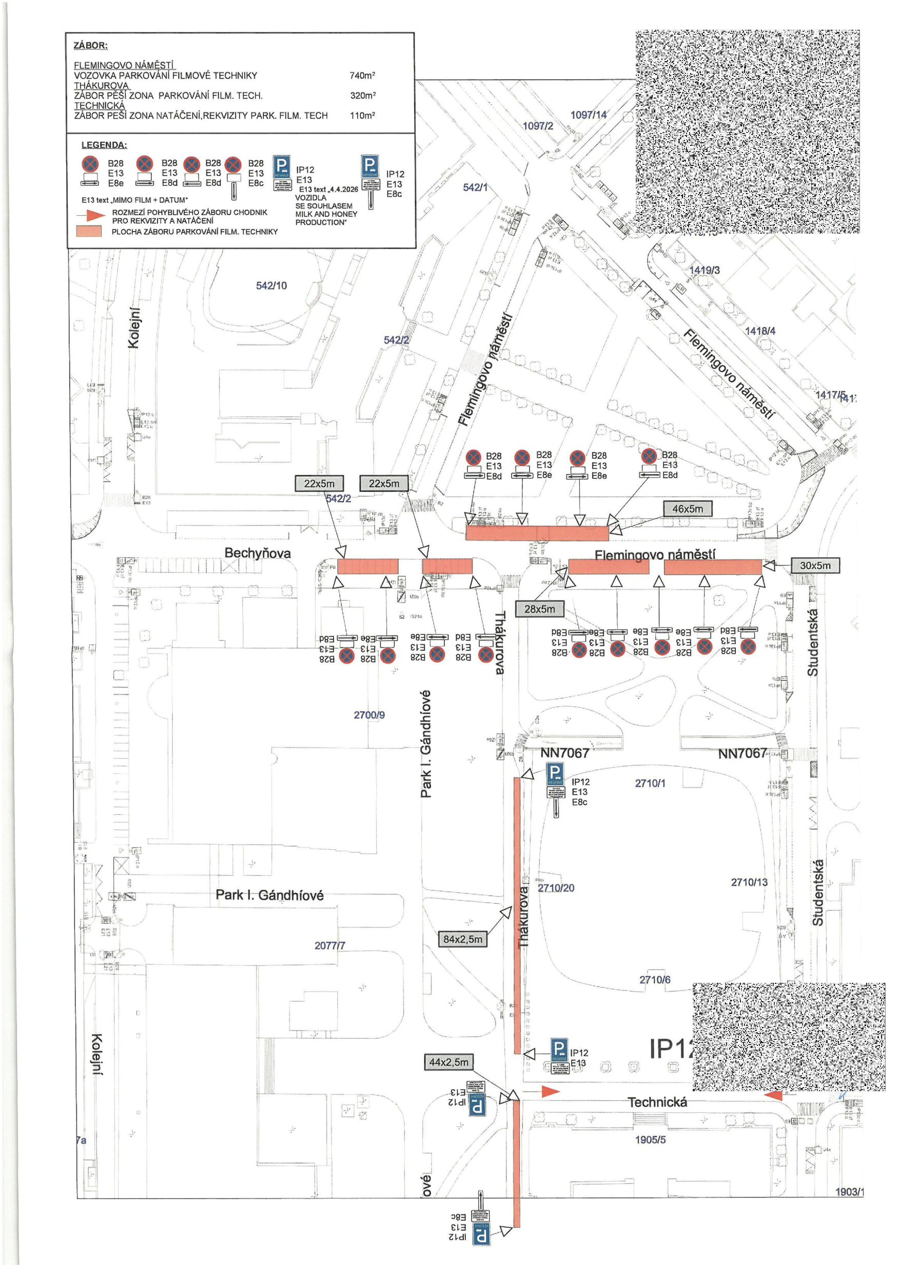Situační nákres záboru veřejného prostranství na Flemingově náměstí pro účely filmového natáčení.