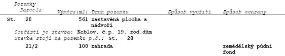 Tabulka s údaji o pozemcích: 1. Parcela St. 20, výměra 561 m2, druh pozemku: zastavěná plocha a nádvoří. Součástí je stavba: Keblov, č.p. 19, rod. dům, stavba stojí na pozemku p.č. St. 20. 2. Parcela 21/2, výměra 180 m2, druh pozemku: zahrada, způsob ochrany: zemědělský půdní fond.