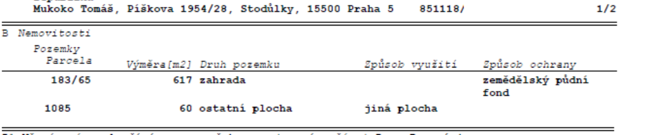 Výpis z katastru nemovitostí, vlastník: Mukoko Tomáš, Píškova 1954/28, Stodůlky, 15500 Praha 5. Seznam nemovitostí: 1) Parcela 183/65, výměra 617 m2, druh pozemku: zahrada, způsob ochrany: zemědělský půdní fond. 2) Parcela 1085, výměra 60 m2, druh pozemku: ostatní plocha, způsob využití: jiná plocha.