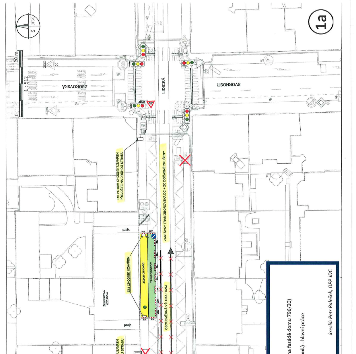 Koordinační situační výkres dopravního značení a uzavírky v oblasti křižovatky ulic Zborovská a Lidická.
