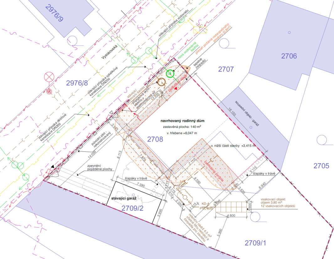 Koordinační situační výkres stavby rodinného domu na pozemku parc. č. 2708.