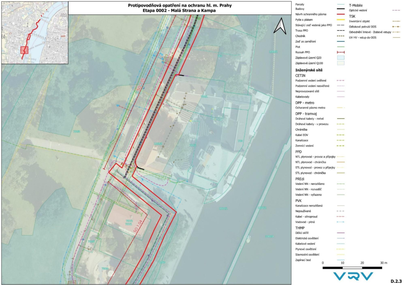 Situační plán protipovodňových opatření v lokalitě Malá Strana a Kampa v Praze.