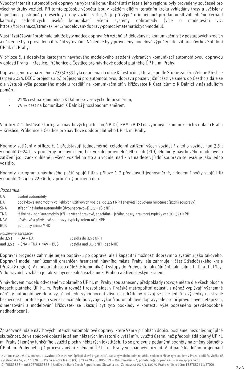 Textový dokument z Institutu plánování a rozvoje hl. m. Prahy (IPR Praha) týkající se modelování intenzity automobilové dopravy. Obsah: 1. Metodika výpočtu intenzit dopravy na komunikační síti a vlivu změn (např. Z3750/39) na křižovatku K Čestlicům x K Dálnici (21 % severovýchodně, 79 % jihozápadně). 2. Informace o přílohách: příloha č. 1 (kartogram modelového zatížení) a příloha č. 2 (kartogram počtu spojů PID). 3. Definice kategorií vozidel: OA (osobní), DA (dodávkové do 3,5 t), SNA (střední nákladní 3,5–18 t), TNA (těžké nákladní 20–32 t), NAV (návěsové/přívěsové), BUS (autobusy). 4. Agregace: 'do 3,5 t' = OA + DA, 'nad 3,5 t' = SNA + TNA + NAV + BUS. 5. Upozornění, že model zahrnuje Prahu i část Středočeského kraje a vychází z platného ÚP hl. m. Prahy, přičemž nezohledňuje budoucí změny ÚP iniciované investory. Dokument je označen jako strana 2 z 3.