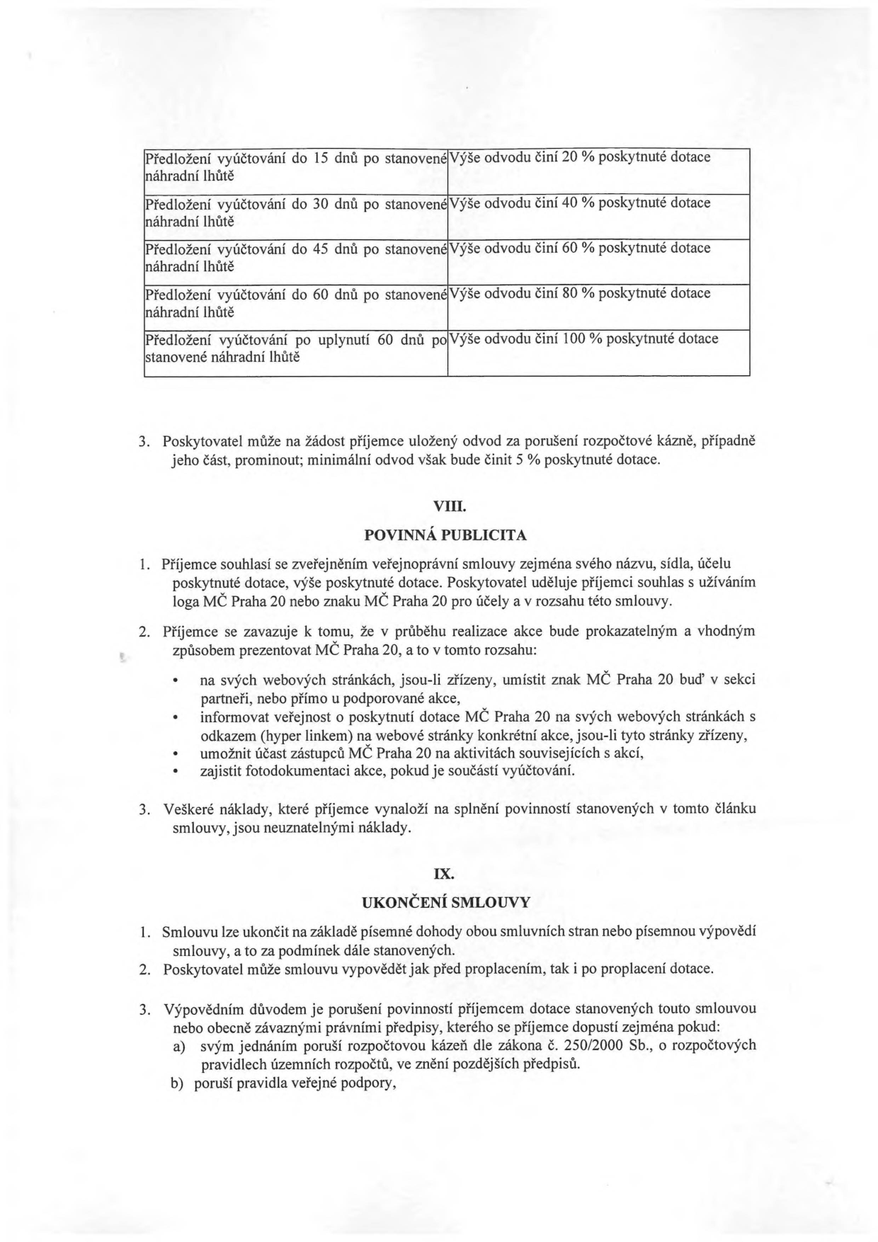 Tabulka sankcí za pozdní předložení vyúčtování dotace: do 15 dnů 20 %, do 30 dnů 40 %, do 45 dnů 60 %, do 60 dnů 80 %, po 60 dnech 100 %. Dále text smlouvy: bod 3 (možnost prominutí odvodu), článek VIII. Povinná publicita (povinnosti příjemce prezentovat MČ Praha 20, umístit logo, informovat o dotaci, umožnit účast zástupců MČ Praha 20, fotodokumentace), článek IX. Ukončení smlouvy (způsoby ukončení, výpovědní důvody při porušení rozpočtové kázně dle zákona č. 250/2000 Sb. nebo pravidel veřejné podpory).