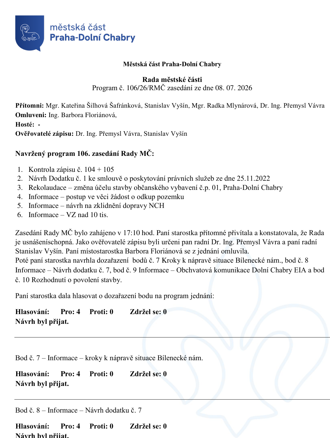 Zápis z jednání Rady městské části Praha-Dolní Chabry, program č. 106/26/RMČ ze dne 08. 07. 2026. Přítomni: Mgr. Kateřina Šilhová Šafránková, Stanislav Vyšín, Mgr. Radka Mlynárová, Dr. Ing. Přemysl Vávra. Omluveni: Ing. Barbora Floriánová. Ověřovatelé zápisu: Dr. Ing. Přemysl Vávra, Stanislav Vyšín. Program: 1. Kontrola zápisu č. 104 + 105, 2. Návrh Dodatku č. 1 ke smlouvě o poskytování právních služeb ze dne 25.11.2022, 3. Rekolaudace – změna účelu stavby občanského vybavení č.p. 01, Praha-Dolní Chabry, 4. Informace – postup ve věci žádost o odkup pozemku, 5. Informace – návrh na zklidnění dopravy NCH, 6. Informace – VZ nad 10 tis. Zasedání zahájeno v 17:10. Schváleno doplnění programu o body: 7. Kroky k nápravě situace Bílenecké nám., 8. Informace – Návrh dodatku č. 7, 9. Informace – Obchvatová komunikace Dolní Chabry EIA, 10. Rozhodnutí o povolení stavby. Hlasování o doplnění programu: Pro 4, Proti 0, Zdržel se 0. Hlasování o bodu 7: Pro 4, Proti 0, Zdržel se 0. Hlasování o bodu 8: Pro 4, Proti 0, Zdržel se 0.