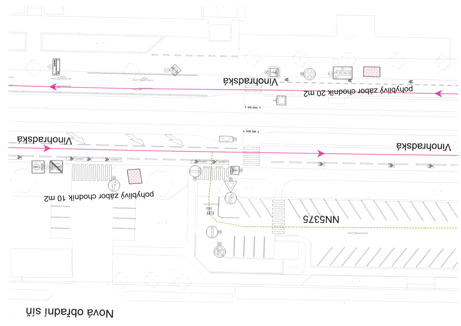 Situační nákres dopravního značení a záborů na ulici Vinohradská. Obsahuje: text 'Nová obřadní síň', označení 'NN5375', 'pohyblivý zábor chodník 10 m2' a 'pohyblivý zábor chodník 20 m2'. V plánu jsou vyznačeny směry provozu na ulici Vinohradská, přechod pro chodce, parkovací místa a dopravní značení (zákazové značky, příkazové značky, šipky).