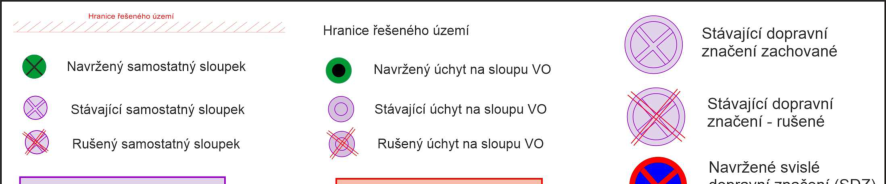 Legenda ke schématu dopravního značení a umístění prvků v projektové dokumentaci.