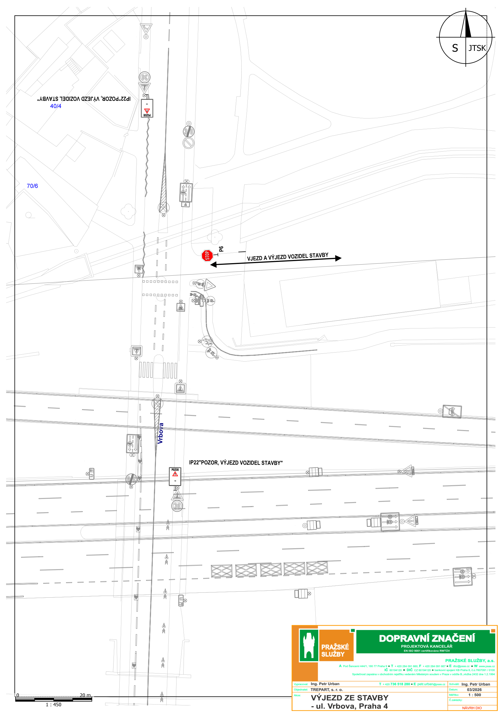 Dopravně-inženýrské schéma značení pro vjezd a výjezd vozidel stavby na ulici Vrbova.