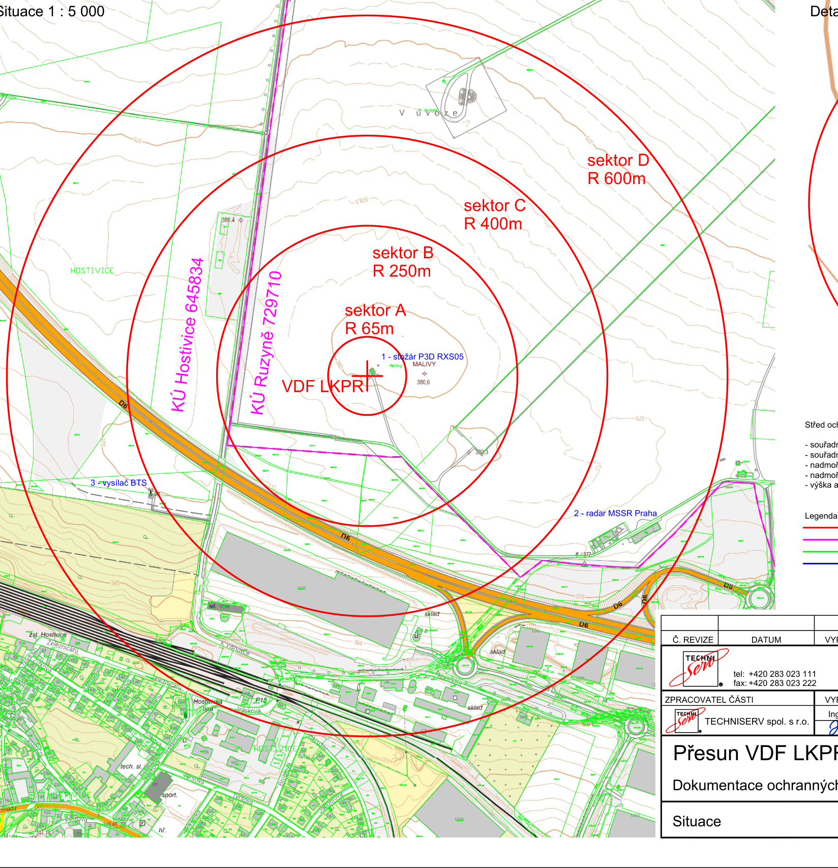 Situační nákres ochranných pásem radaru VDF LKPR s vyznačenými sektory A až D.