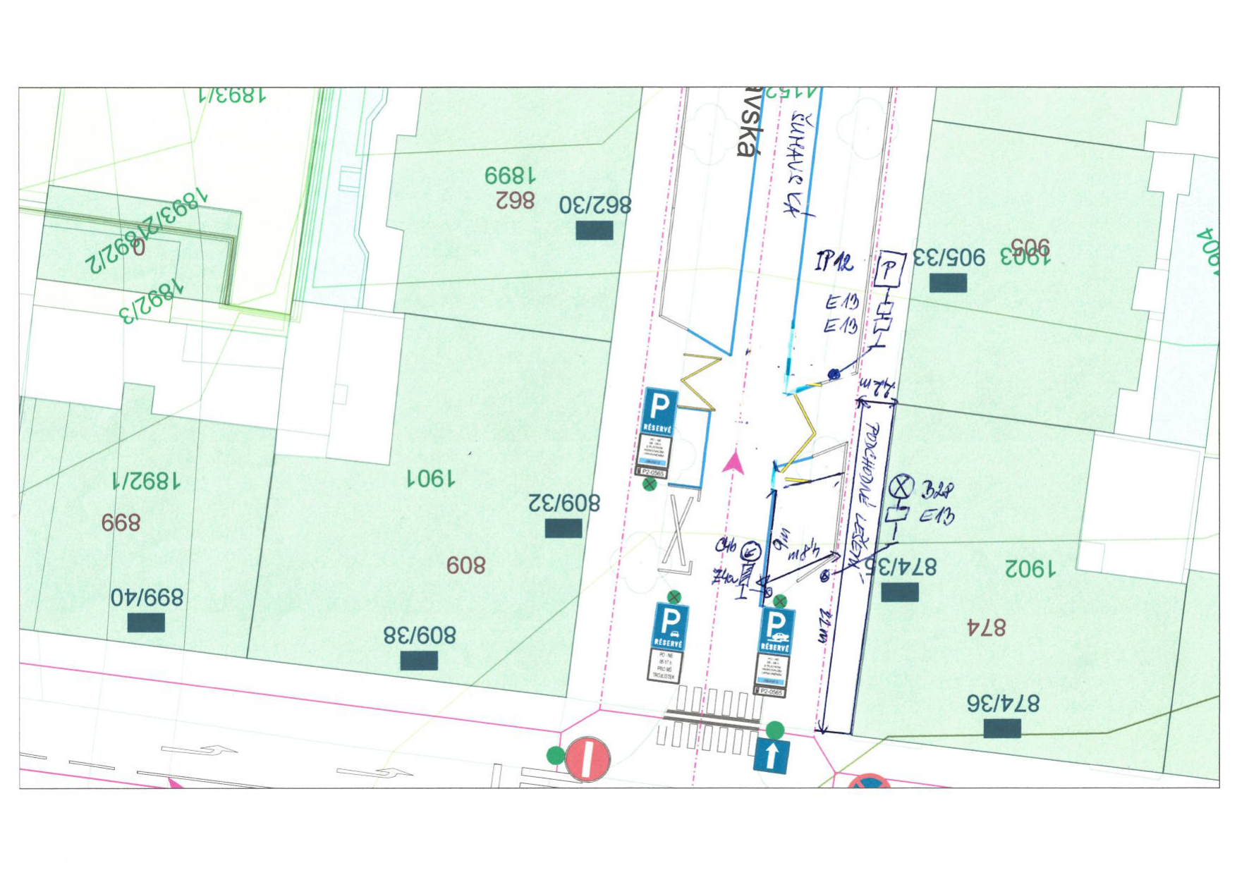 Koordinační situační výkres dopravního značení a záboru veřejného prostranství včetně vyznačeného lešení.