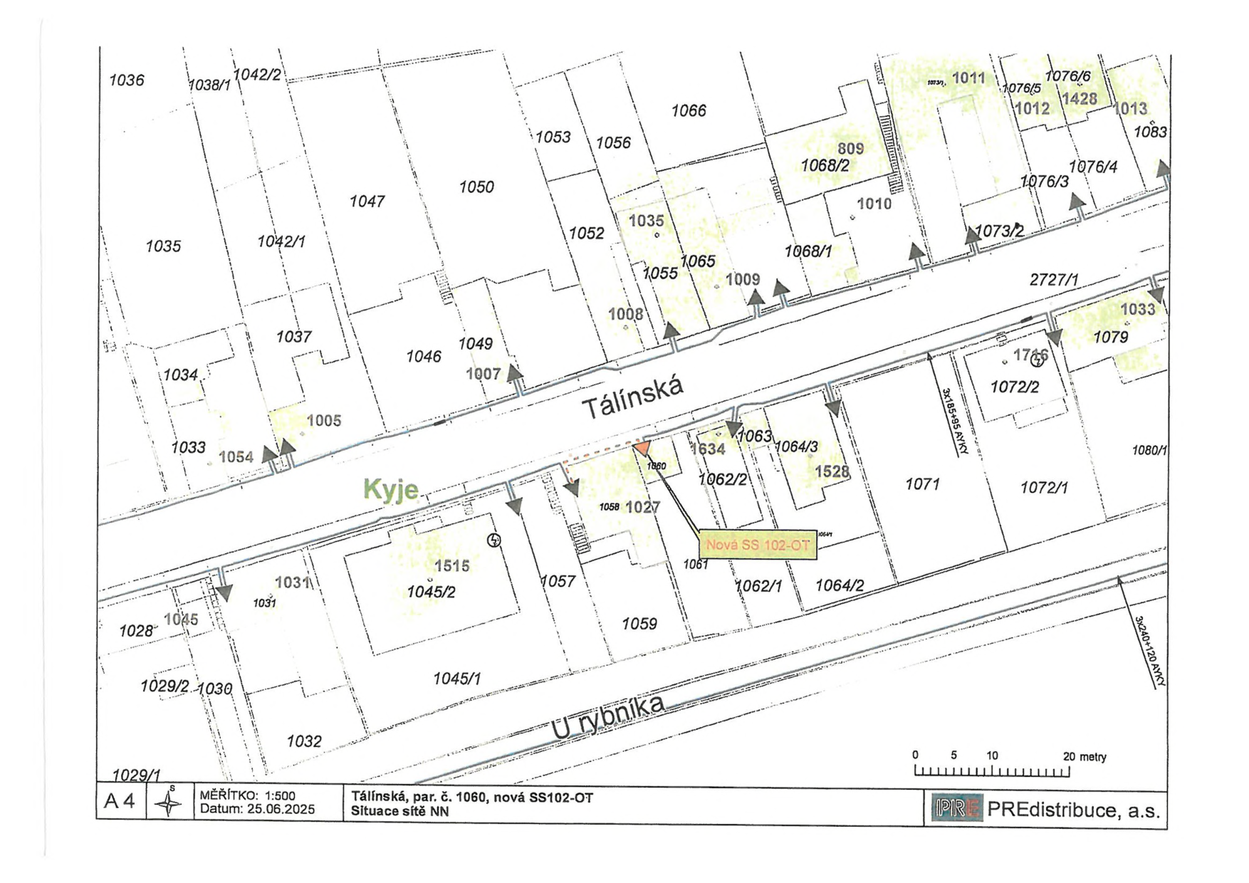 Katastrální situační nákres inženýrských sítí (NN) v oblasti ulice Tálínská, včetně vyznačení nové trafostanice (SS 102-OT).