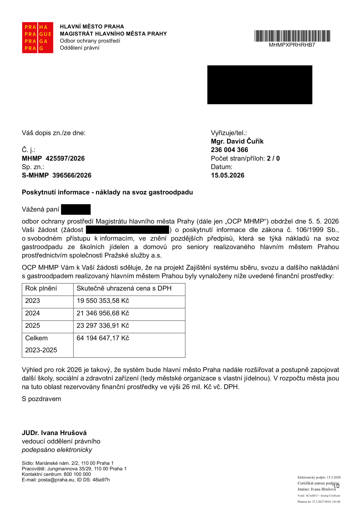 Úřední dopis Magistrátu hlavního města Prahy, odboru ochrany prostředí, ze dne 15.05.2026, č. j. MHMP 425597/2026, sp. zn. S-MHMP 396566/2026. Předmětem je poskytnutí informace o nákladech na svoz gastroodpadu ze školních jídelen a domovů pro seniory realizovaného společností Pražské služby a.s. Tabulka nákladů (skutečně uhrazená cena s DPH): rok 2023: 19 550 353,58 Kč; rok 2024: 21 346 956,68 Kč; rok 2025: 23 297 336,91 Kč; celkem 2023-2025: 64 194 647,17 Kč. Pro rok 2026 je v rozpočtu města vyčleněno 26 mil. Kč vč. DPH. Vyřizuje: Mgr. David Čuřík, tel. 236 004 366. Podepsáno elektronicky: JUDr. Ivana Hrušová, vedoucí oddělení právního.