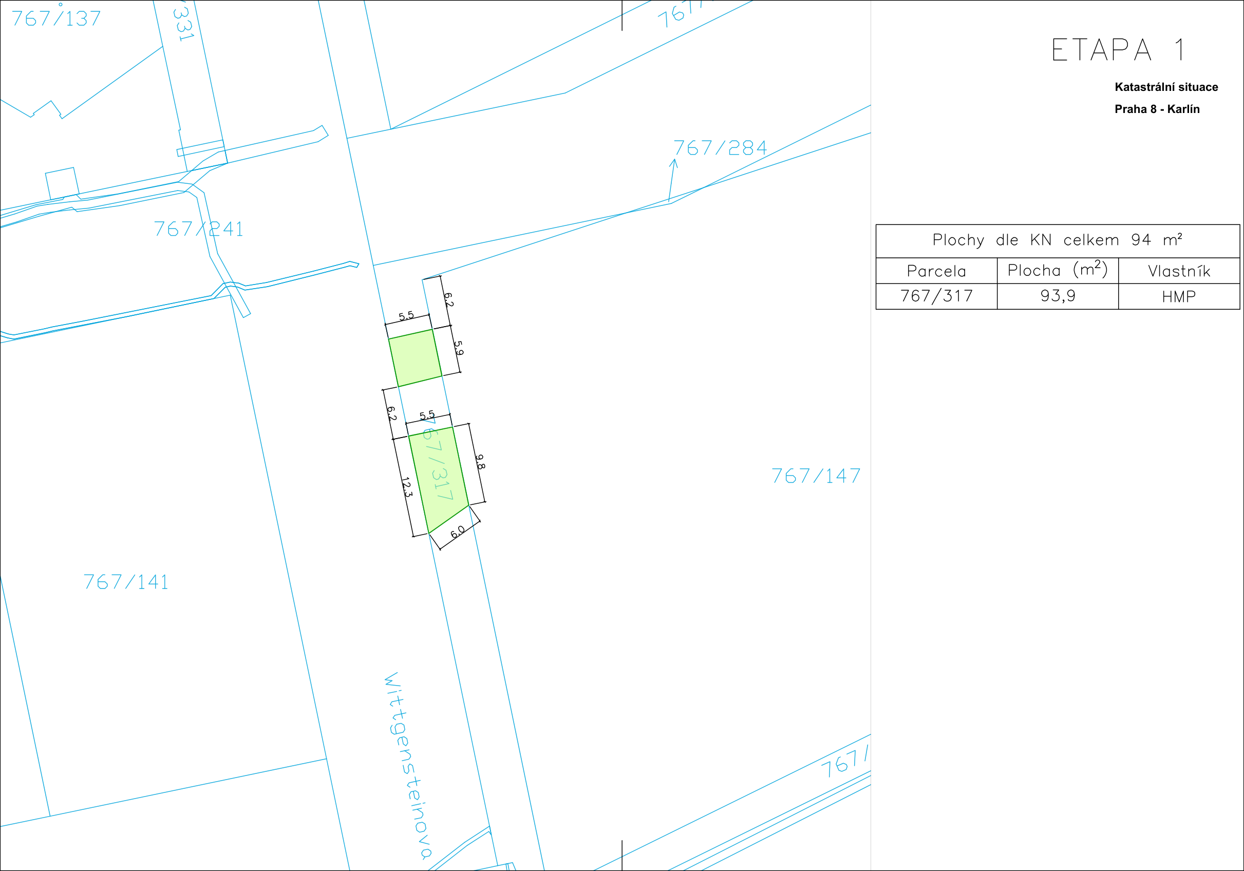 Katastrální situační nákres parcely č. 767/317 v Praze 8 - Karlíně.