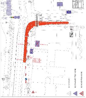 Situační nákres dopravního značení a uzavírky/objížďky. Zobrazeno propojení ulice Nádražní a U Královské louky s vyznačenou trasou pro autobusy kloubové (18 m)…