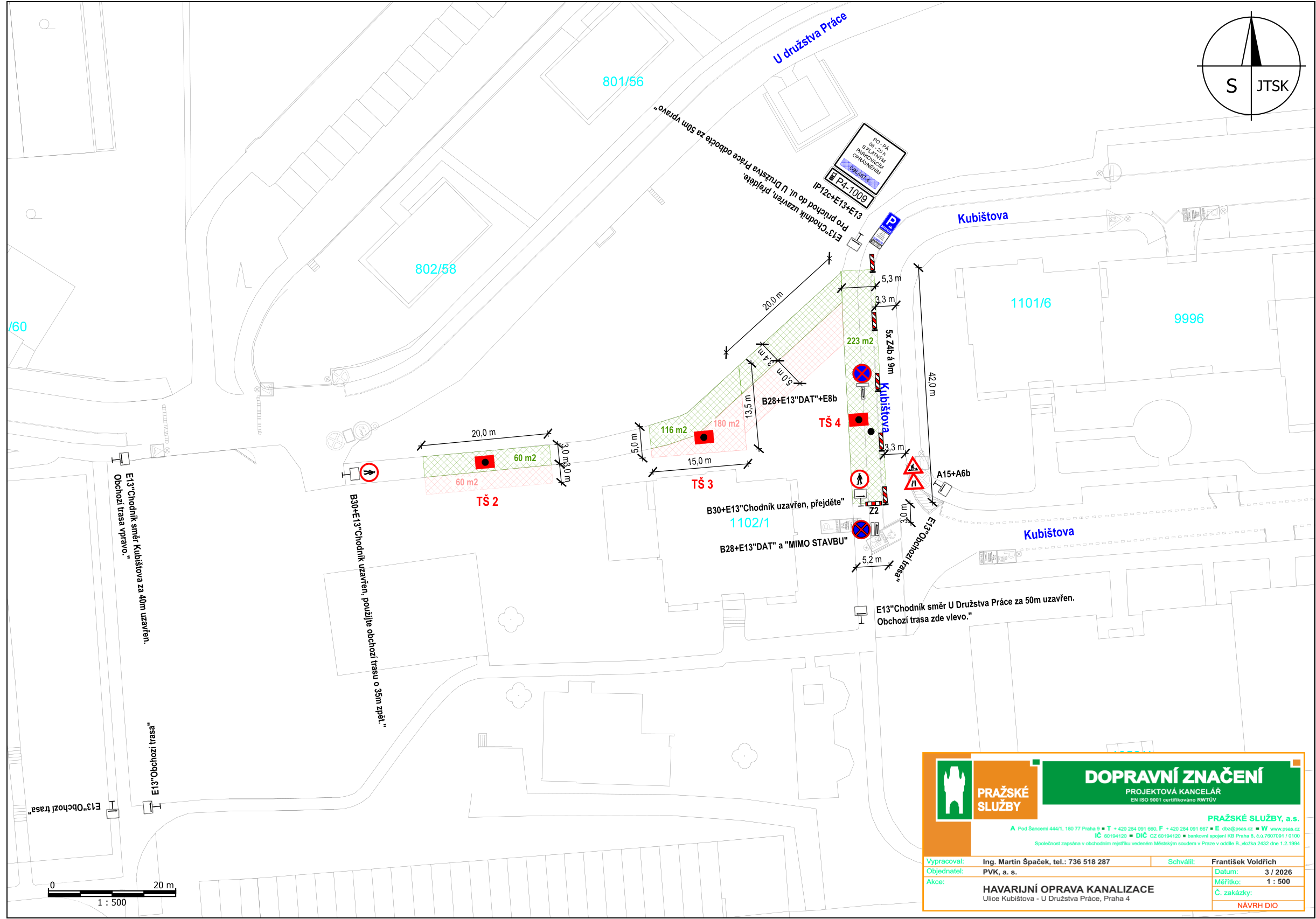 Situační nákres dopravního značení a uzavírky v ulici Kubištova v rámci havarijní opravy kanalizace.