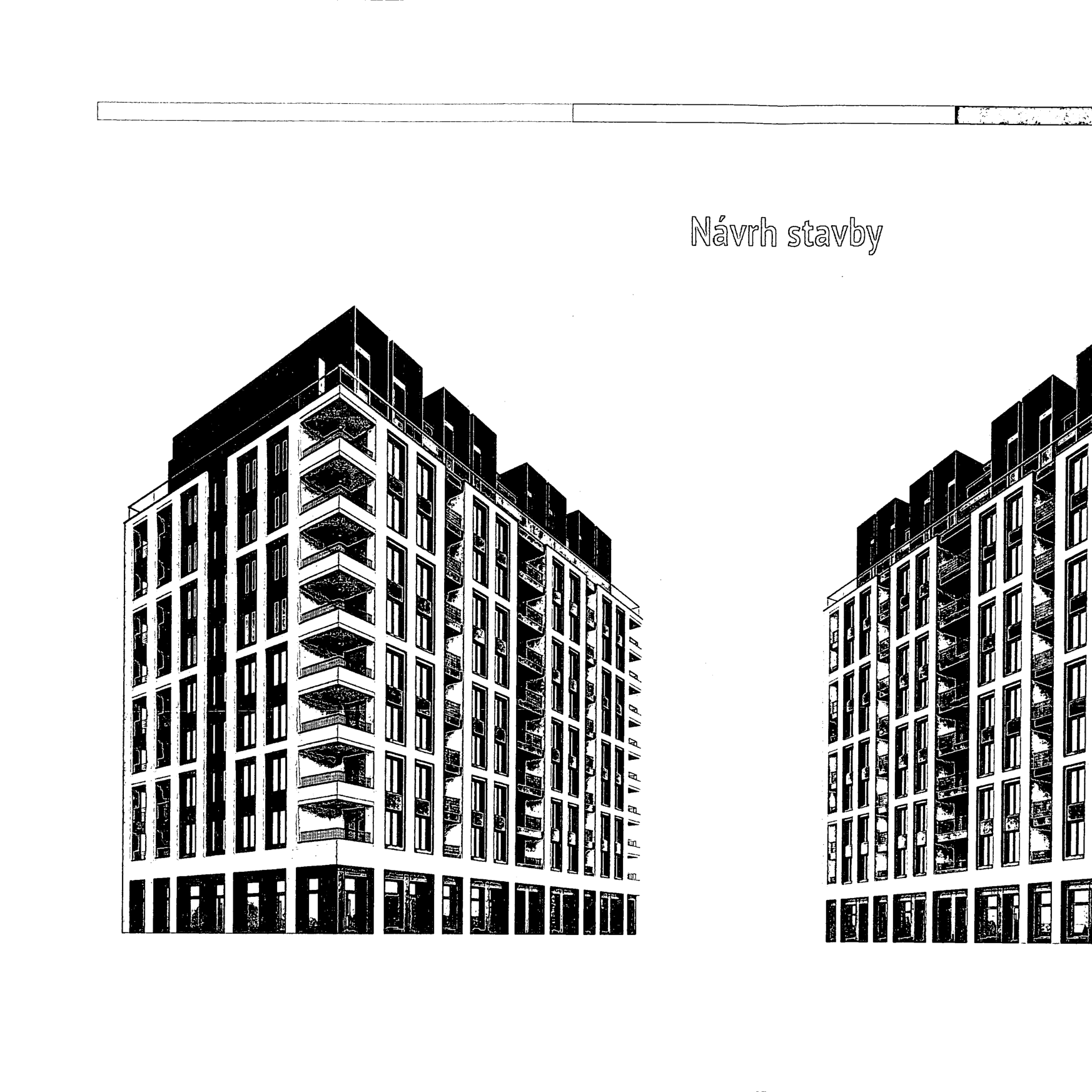 Vizualizace projektu bytového domu s názvem 'Návrh stavby'. Obrázek zobrazuje architektonický návrh moderní budovy s balkony a pravidelným rastrem oken.