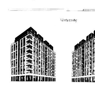 Vizualizace projektu bytového domu s názvem 'Návrh stavby'. Obrázek zobrazuje architektonický návrh moderní budovy s balkony a pravidelným rastrem oken.