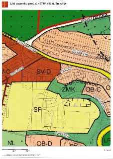 Výřez územního plánu (funkční plochy) pro část pozemku parc. č. 4674/1 v k. ú. Smíchov. Mapa obsahuje názvy ulic: Podbělohorská, Spiritka, Zdíkovská, Smrčinská…
