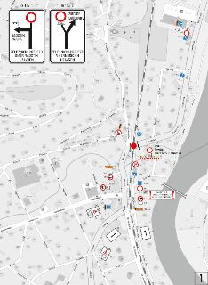 Dopravní schéma (situační plán uzavírky silnice II/115, ul. Radotínská v Černošicích). Zobrazeny objízdné trasy, dopravní značení a uzavřené železniční přejezd…