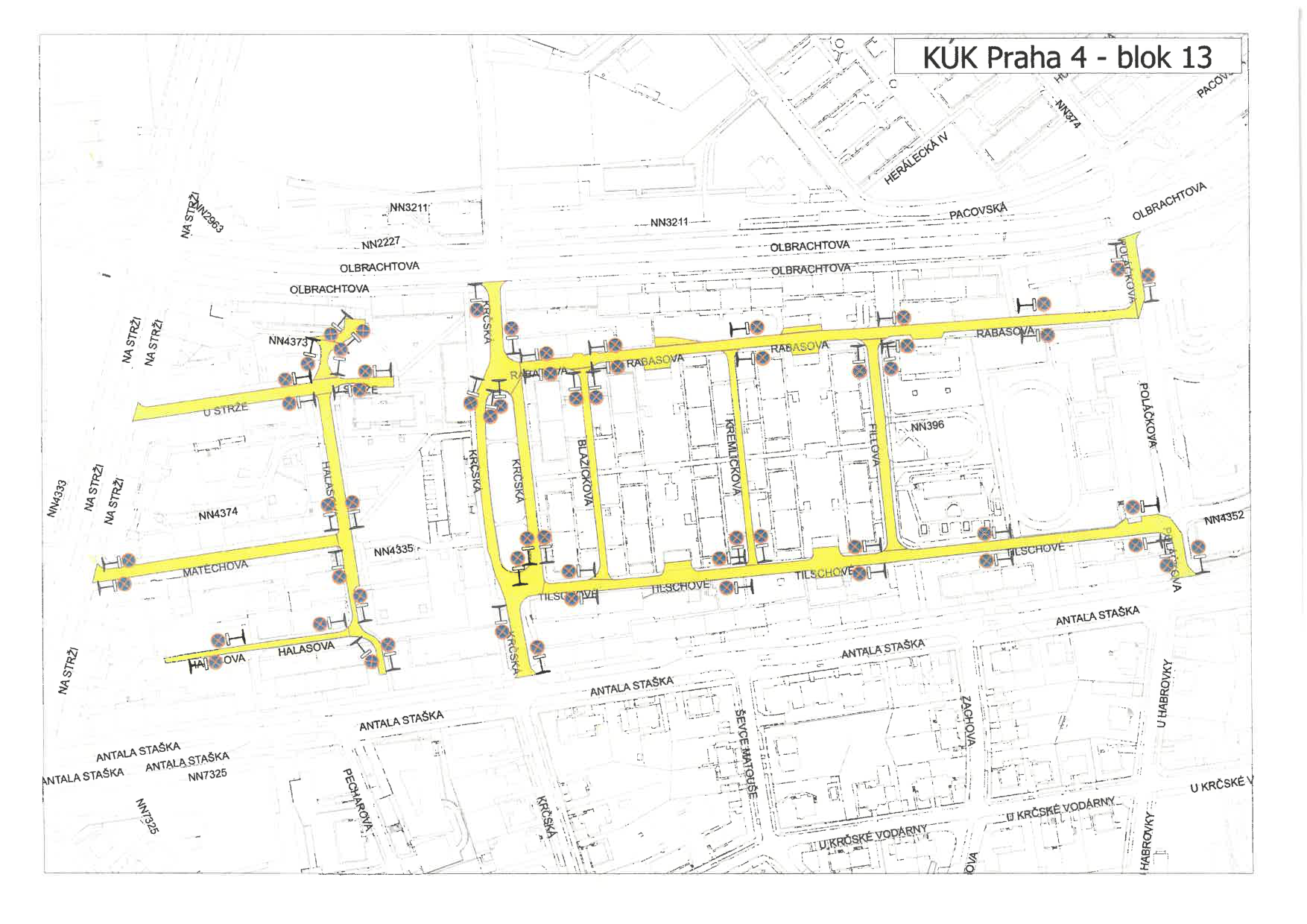 Koordinační situační výkres (blok 13) v katastrálním území Praha 4 s vyznačenými uličními sítěmi a objekty.