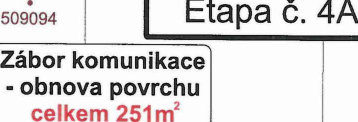 Výřez situačního plánu stavby s informací o záboru komunikace a obnově povrchu v rámci etapy 4A.