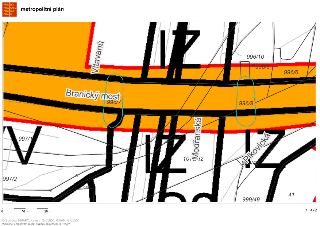 Výřez z katastrální mapy (metropolitní plán) zobrazující oblast v okolí Branického mostu v Praze. V mapě jsou vyznačeny parcely, včetně čísel 996/7, 996/8, 996…