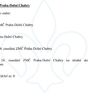 Úřední dokument MČ Praha-Dolní Chabry týkající se 24. zasedání ZMČ Praha-Dolní Chabry. Text obsahuje zmínku o zveřejnění 24. zasedání ZMČ Praha-Dolní Chabry na…
