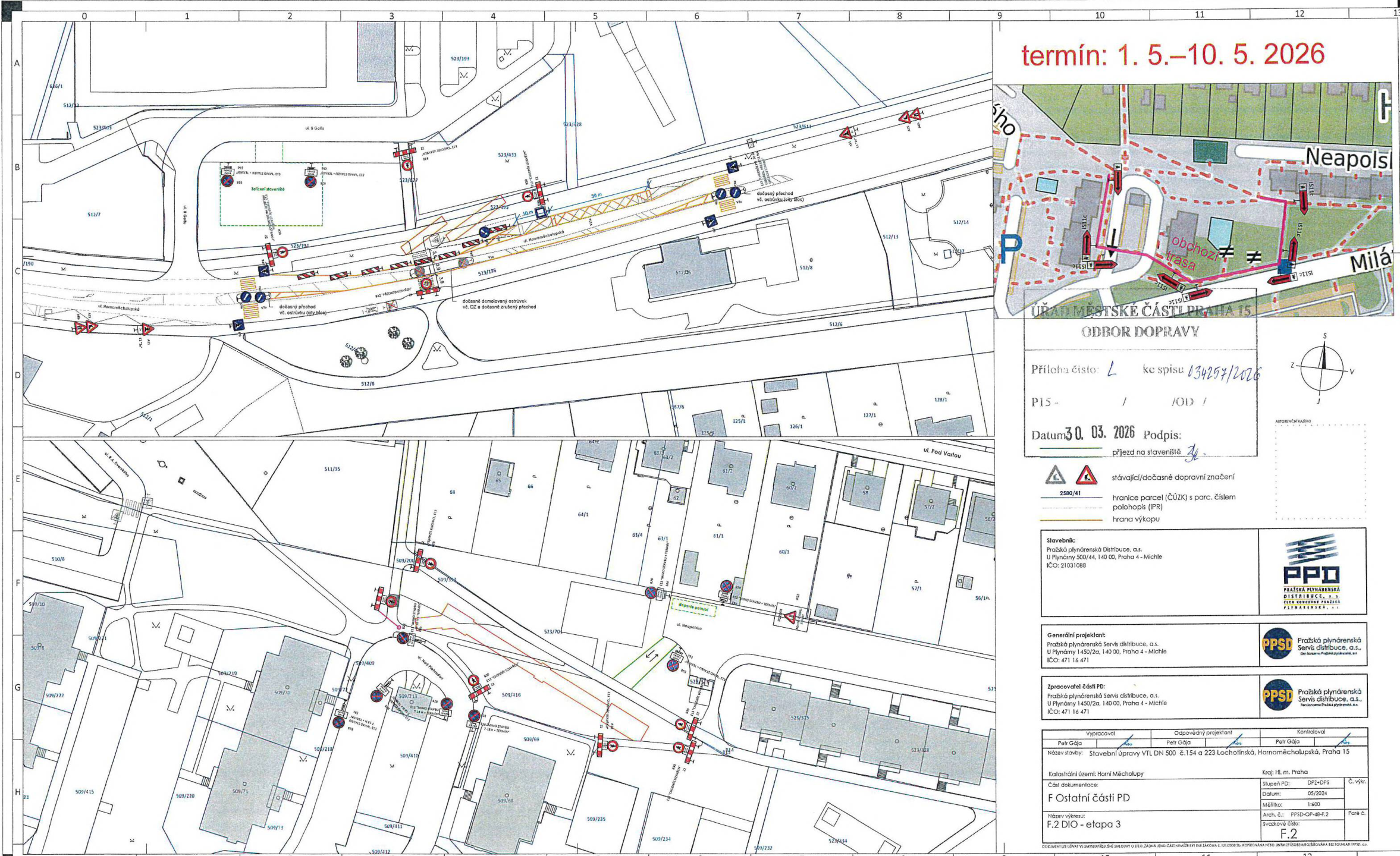 Situační nákres dopravního značení a plánu uzavírky pro stavební práce na plynovodu v Praze 15.