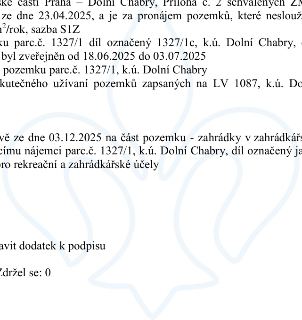 Výňatek z usnesení městské části Praha – Dolní Chabry. Obsahuje informace o pronájmu pozemků, které neslouží k podnikání, za sazbu S1Z. Týká se části pozemku p…