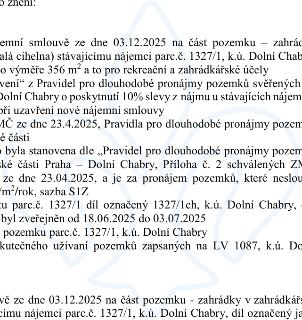 Úřední oznámení o nájemní smlouvě ze dne 03.12.2025 na část pozemku (zahrádky v lokalitě Malá cihelna) stávajícímu nájemci, parc. č. 1327/1, k.ú. Dolní Chabry,…