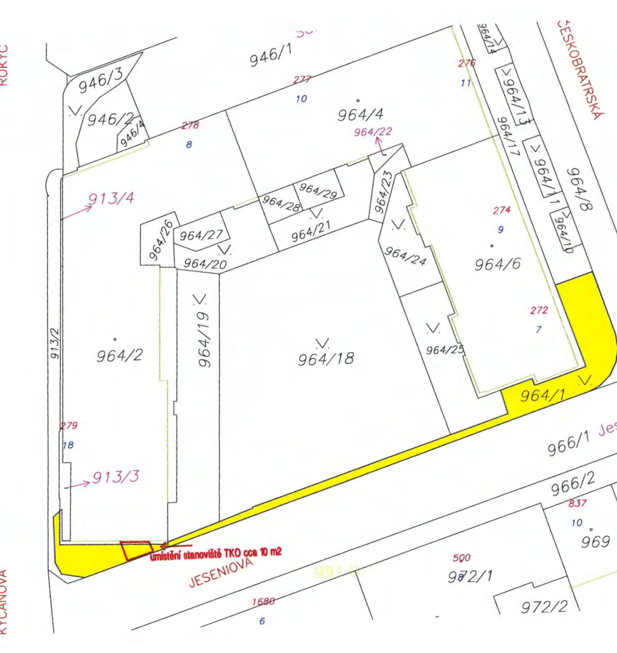 Situační nákres katastrální mapy v oblasti ulic Jeseniova a Českomoravská. Zobrazeny parcely s čísly: 946/1, 946/2, 946/3, 946/4, 913/2, 913/3, 913/4, 964/1, 964/2, 964/4, 964/6, 964/8, 964/10, 964/11, 964/13, 964/14, 964/17, 964/18, 964/19, 964/20, 964/21, 964/22, 964/23, 964/24, 964/25, 964/26, 964/27, 964/28, 964/29, 966/1, 966/2, 969, 972/2, 972/1. Vyznačeno 'umístění stanoviště TKO cca 10 m2' na parcele u ulice Jeseniova. Uvedeny názvy ulic: Jeseniova, Českomoravská.
