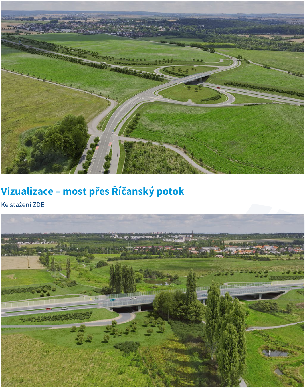 Vizualizace projektu: most přes Říčanský potok. Obrázek obsahuje dvě vizualizace plánované stavby mostu v krajině. Text: 'Vizualizace – most přes Říčanský potok', 'Ke stažení ZDE'.