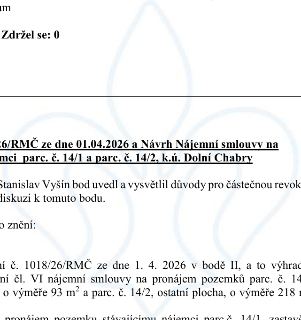 Zdržel se: 0

6/RMČ ze dne 01.04.2026 a Návrh Nájemní smlouvy na
mci parc. č. 14/1 a parc. č. 14/2, k.ú. Dolní Chabry

Stanislav Vyšín bod uvedl a vysvětlil dů…
