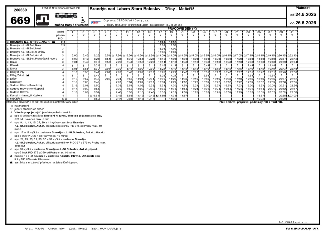 Jízdní řád linky 669 (Brandýs nad Labem-Stará Boleslav - Dřísy - Mečeříž), platnost od 24.6.2026 do 26.6.2026. Dopravce: ČSAD Střední Čechy, a.s. Tabulka obsahuje časy odjezdů v pracovních dnech pro spoje 1 až 41 ze zastávek: Brandýs n.L.-St.Bol.,Nadr., Nám., Most, U Brány, Aut.st., Proboštská jezera, Borek, Křenek, Lhota, Dřísy (U Vily, Žel.st., Dřísy), Konětopy, Sudovo Hlavno (Rozc.k háj., Konětopská, Hlavno, U Kostela) a Mečeříž. Obsahuje vysvětlivky k symbolům (např. spoj 5 vyčká příjezdu linky 670, spoje 9, 11, 13, 15, 27, 29, 41 vyčkají příjezdu linky 375, atd.). Informace o provozu PID na tel. 234 704 560 nebo www.pid.cz.
