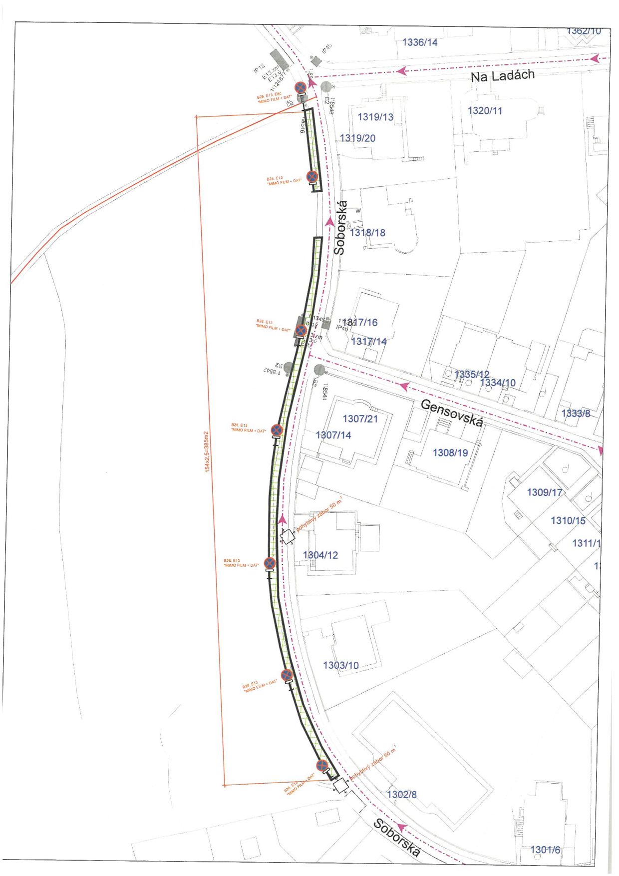 Koordinační situační výkres stavby v ulici Soborská, znázorňující zábor komunikace a umístění dopravního značení.