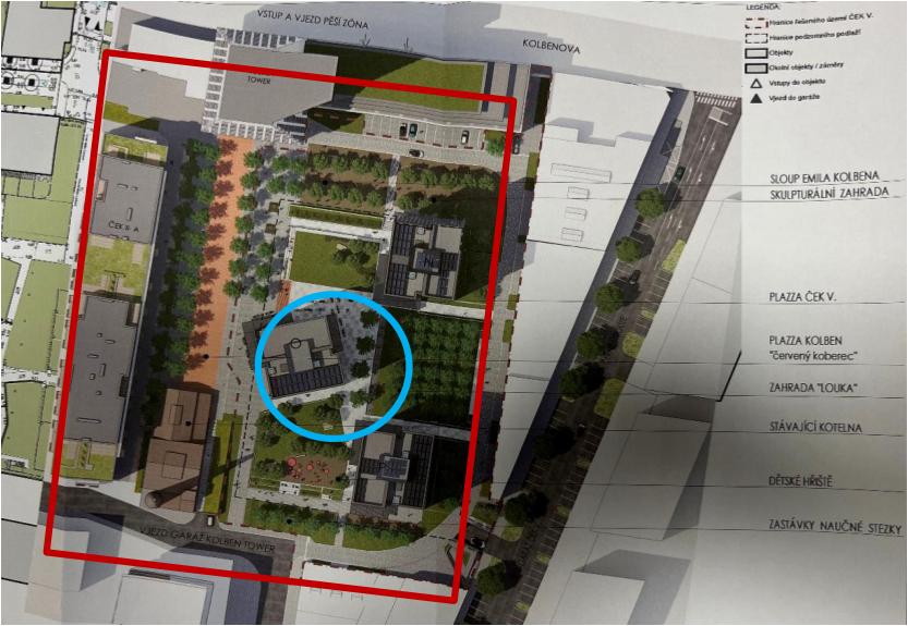 Koordinační situační výkres plánované zástavby v lokalitě Kolbenova, znázorňující rozmístění objektů, zeleně a komunikací.