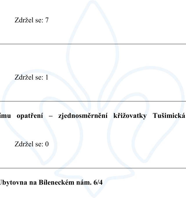 Výňatek z hlasování nebo zápisu z jednání: 'Zdržel se: 7', 'Zdržel se: 1', text '...ímu opatření – zjednosměrnění křižovatky Tušimická', 'Zdržel se: 0' a text 'Ubytovna na Bíleneckém nám. 6/4'.