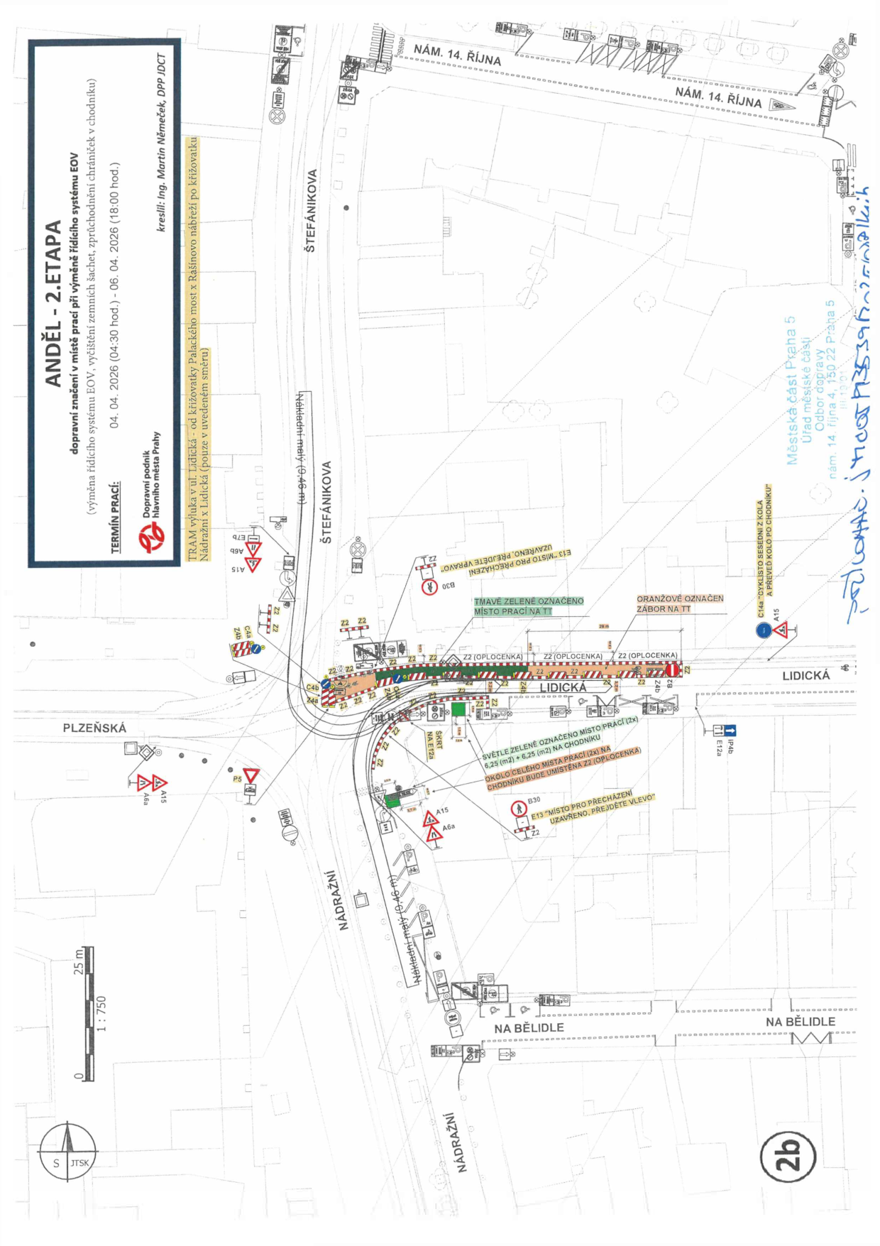 Situační nákres dopravního značení pro 2. etapu prací v ulici Lidická v Praze.