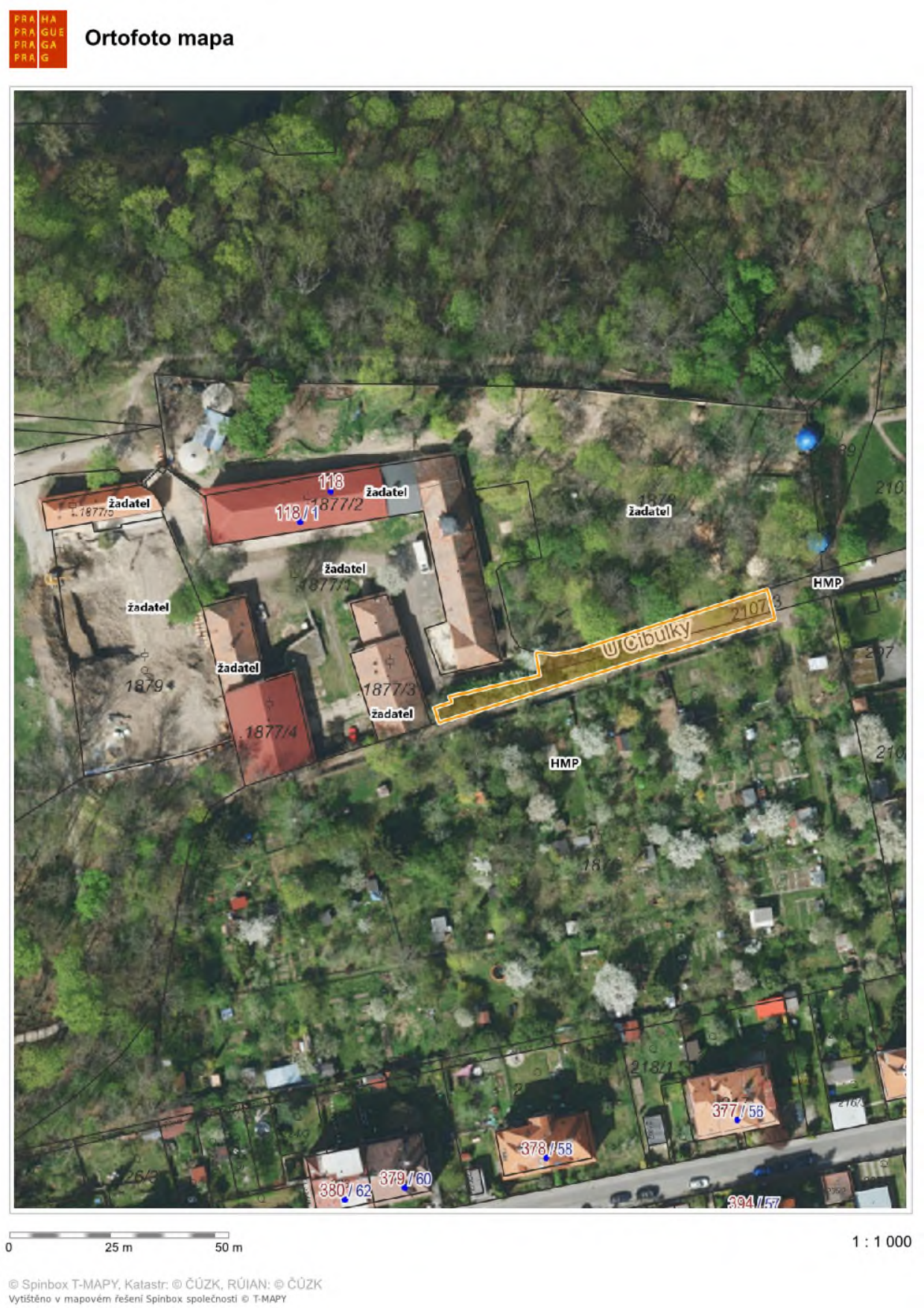 Ortofoto mapa zobrazující katastrální území s vyznačenými parcelami a budovami. Vyznačená čísla parcel: 1877/5, 1877/2, 118/1, 1877/1, 1879, 1877/4, 1877/3, 2107/3 (ulice U Cibulky), 1876, 380/62, 379/60, 378/58, 377/56, 394/57, 218/1. U některých parcel je uvedeno označení 'žadatel'. V mapě je vyznačena ulice 'U Cibulky' a zkratka 'HMP' (Hlavní město Praha). Měřítko mapy je 1:1000. Zdroj: Spinbox T-MAPY, Katastr: © ČÚZK, RÚIAN: © ČÚZK.