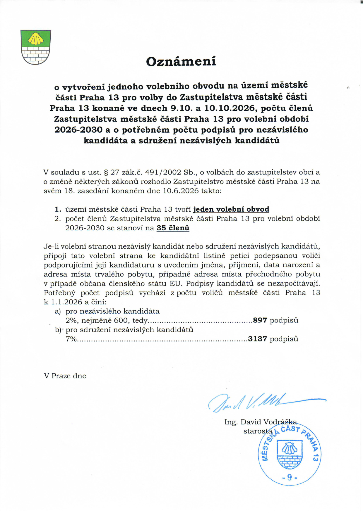 Oznámení o vytvoření jednoho volebního obvodu na území městské části Praha 13 pro volby do Zastupitelstva městské části Praha 13 konané ve dnech 9.10. a 10.10.2026, počtu členů Zastupitelstva městské části Praha 13 pro volební období 2026-2030 a o potřebném počtu podpisů pro nezávislého kandidáta a sdružení nezávislých kandidátů. V souladu s ust. § 27 zák.č. 491/2002 Sb. rozhodlo Zastupitelstvo městské části Praha 13 na 18. zasedání dne 10.6.2026: 1. území městské části Praha 13 tvoří jeden volební obvod, 2. počet členů Zastupitelstva městské části Praha 13 pro volební období 2026-2030 se stanoví na 35 členů. Potřebný počet podpisů pro nezávislého kandidáta (2 %, nejméně 600, tedy 897 podpisů) a pro sdružení nezávislých kandidátů (7 %, tedy 3137 podpisů) k 1.1.2026. Dokument podepsal Ing. David Vodrážka, starosta.