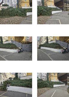 Série fotografií zachycujících exteriér budovy a přilehlého parkoviště. Na asfaltové ploše parkoviště je viditelné číselné označení parkovacího místa '17'.