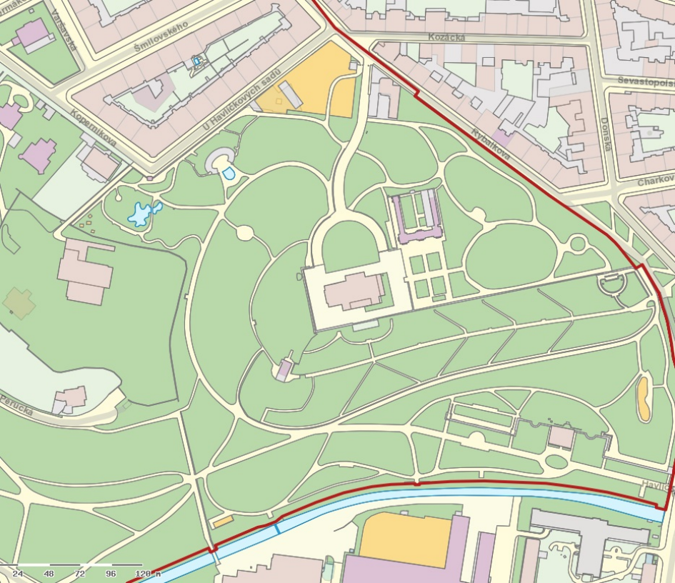 Mapa parku Havlíčkovy sady v Praze (Grébovka) s vyznačenými cestami a budovami.
