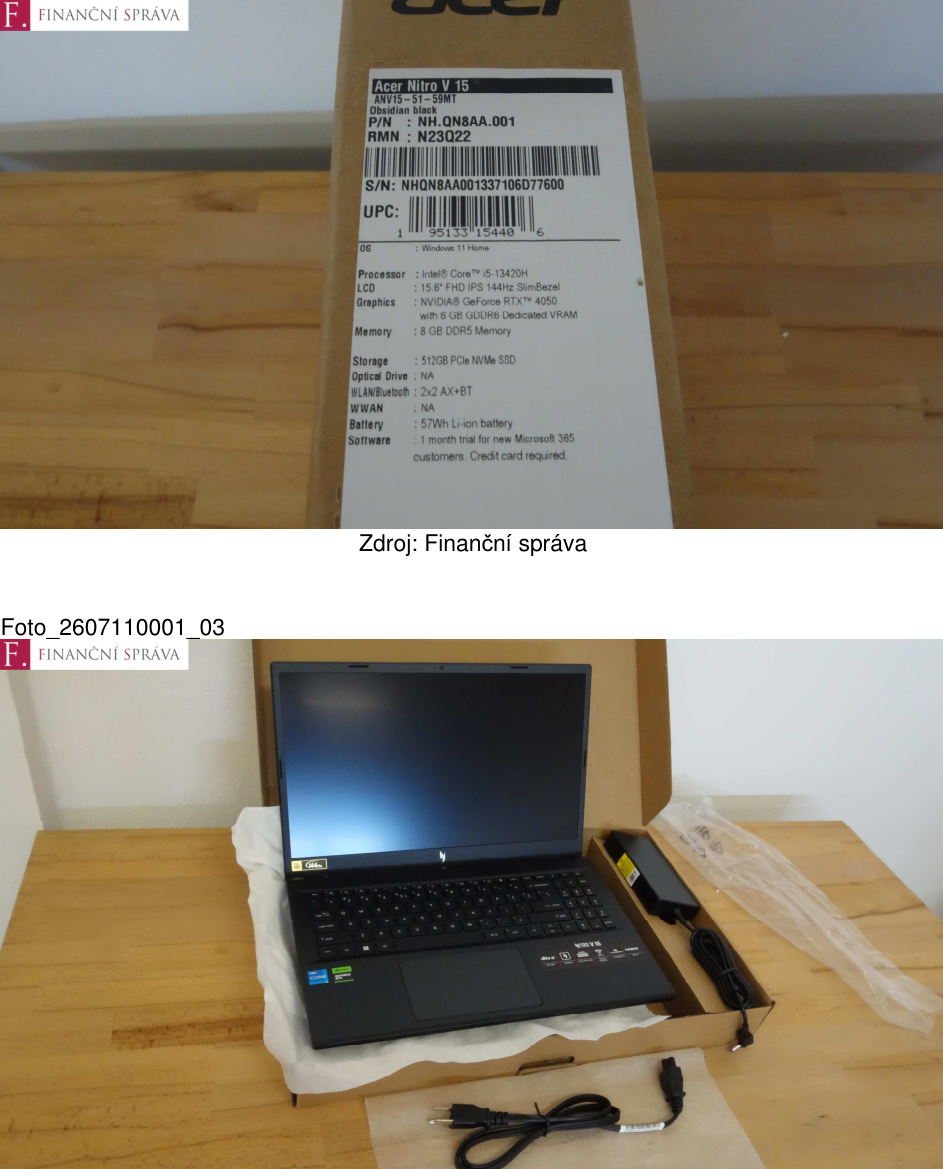 Fotografie notebooku Acer Nitro V 15 (model ANV15-51-59MT) a jeho obalu. Specifikace z obalu: procesor Intel Core i5-13420H, 15.6" FHD IPS 144Hz displej, grafika NVIDIA GeForce RTX 4050 (6 GB GDDR6), 8 GB DDR5 RAM, 512 GB PCIe NVMe SSD, Windows 11 Home, 57Wh baterie. Zdroj: Finanční správa.