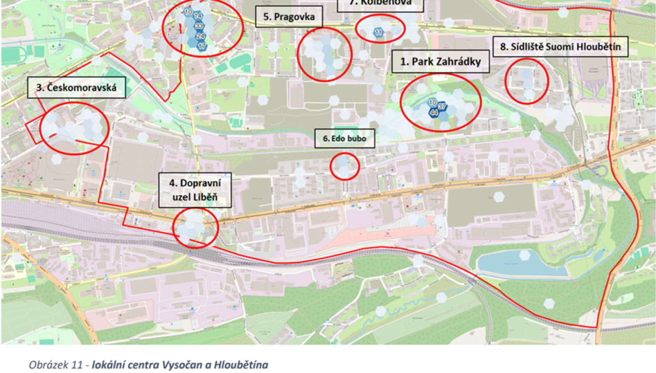Mapa lokálních center ve Vysočanech a Hloubětíně znázorňující urbanistické uzly a oblasti.