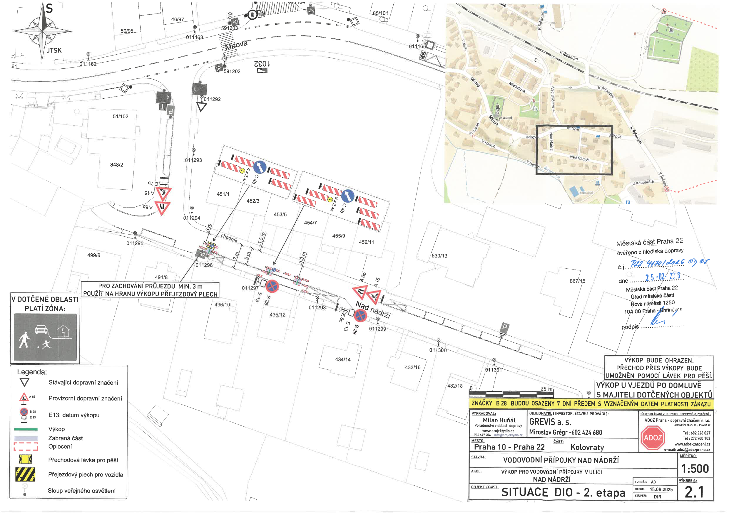 Situační nákres dopravního značení a plánu výkopových prací pro vodovodní přípojku v ulici Nad nádrží.